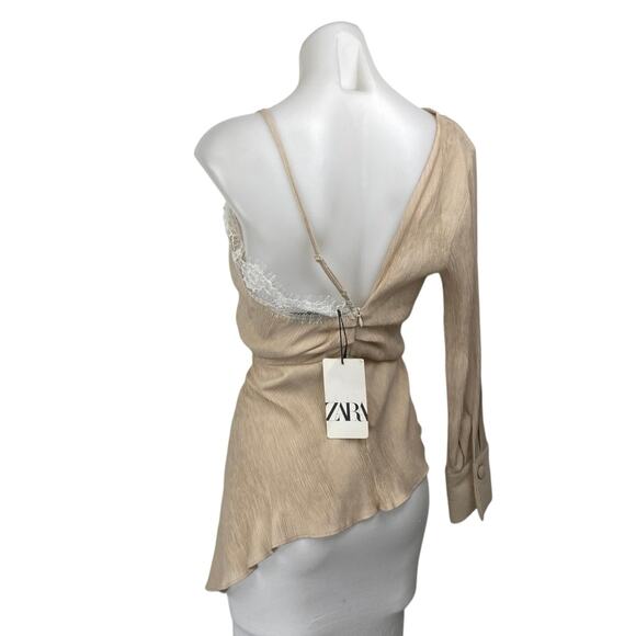 NEW Zara Beige Tan Asymmetrical Cami V Neck Lace One Shoulder Blouse Top Size S - Picture 3 of 7